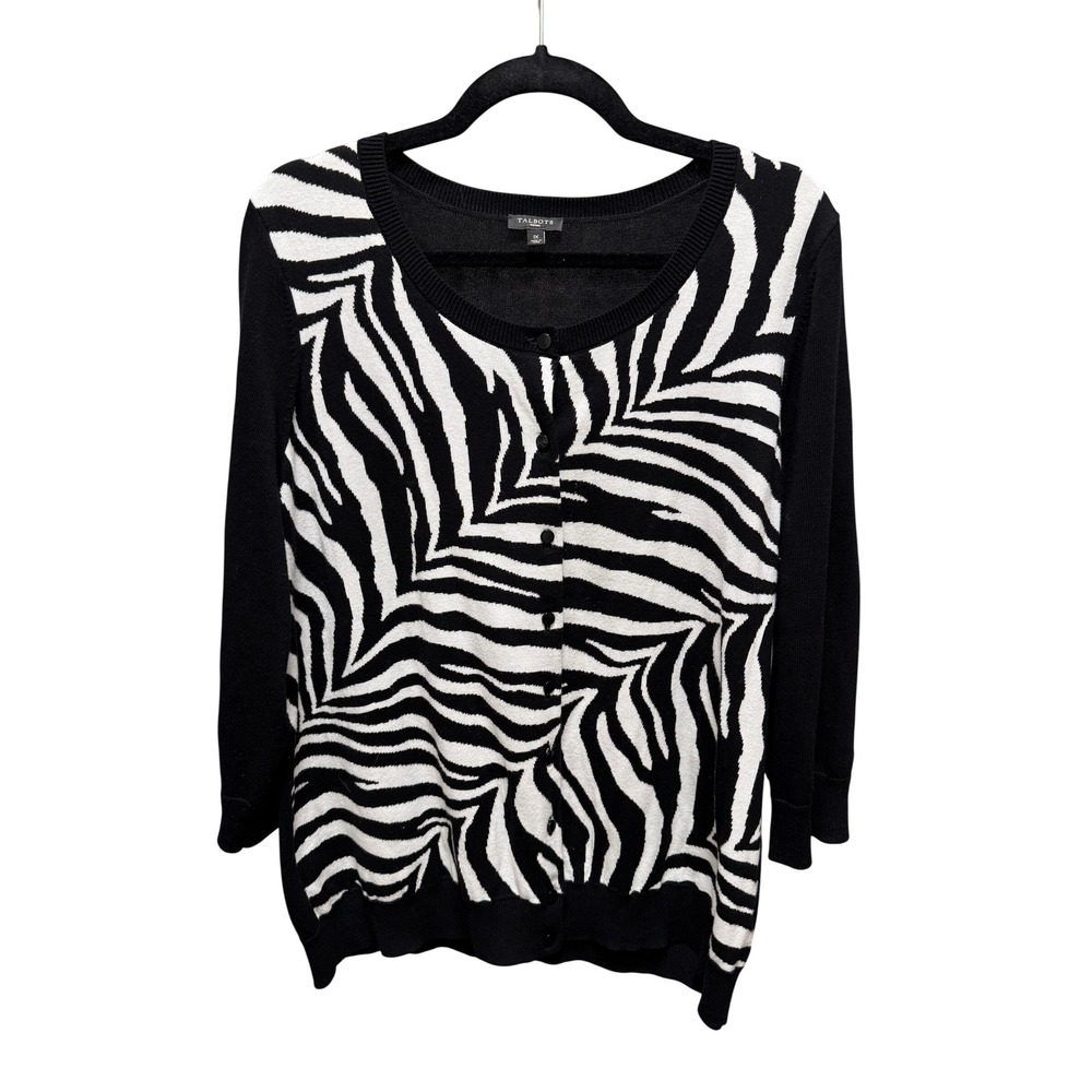Talbots Cardigan Womens 1X Black White Zebra Print Button Front 3/4 Sleeve Knit